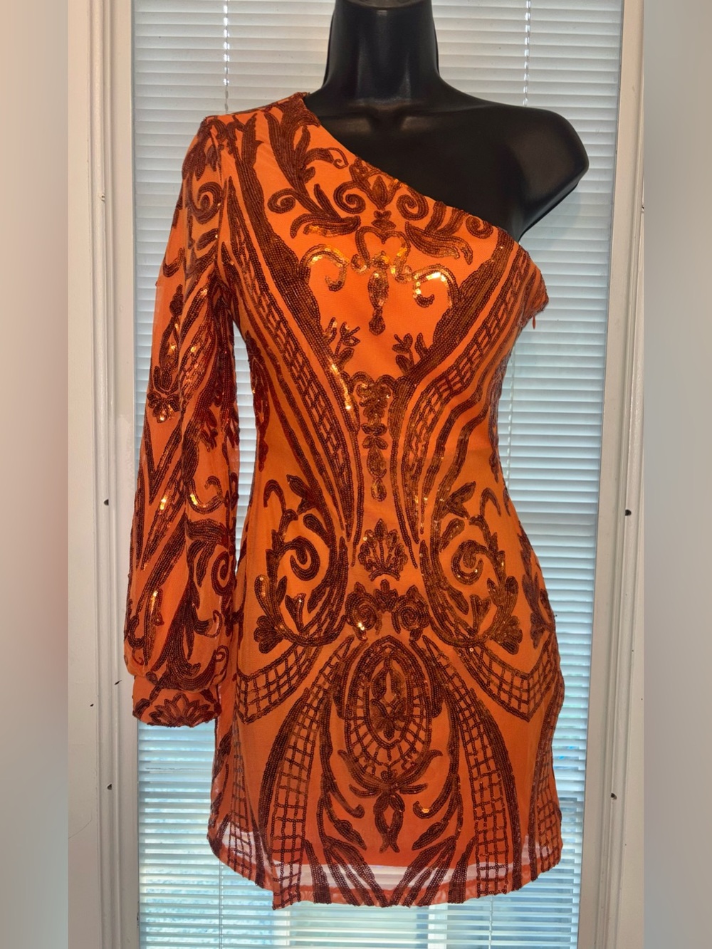 One-Shoulder Orange Sequin Mini Dress